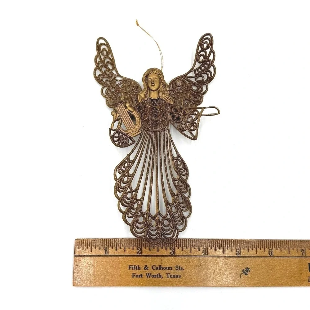 Vintage Brass Tone Angel Lyre Ornament Christmas‎ Hanging Decor Filigree Metal